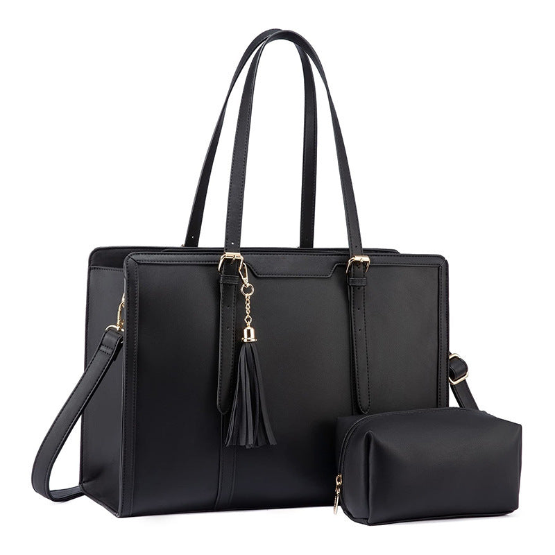 Graceful Bloom Laptop Tote – Vegan Leather Work Bag - Black image