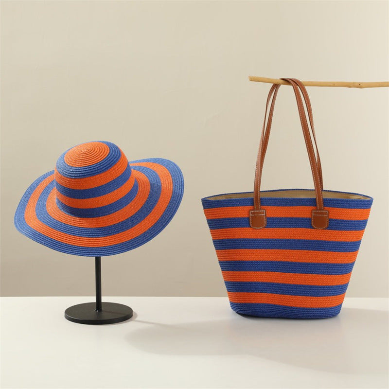 Coastal Dream Duo – Straw Hat & Tote - Orange Blue Stripes image