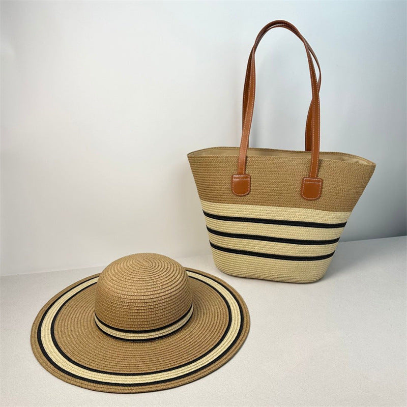 Coastal Dream Duo – Straw Hat & Tote - Khaki Beige Stripe image